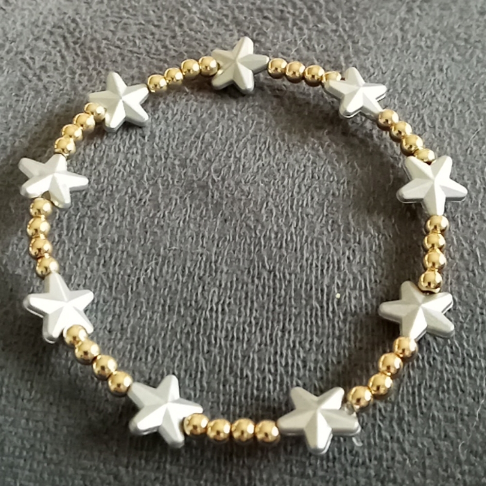 Gold plated and silver star beaded statement bracelet hand crafted stretch